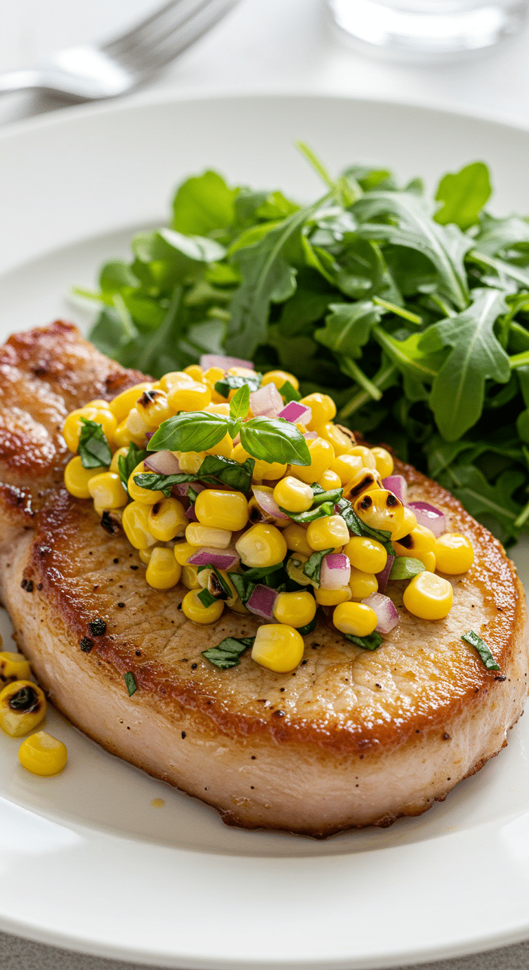 A plated meal of a homemade Pan-Seared Pork Chop with a fresh charred corn relish.
