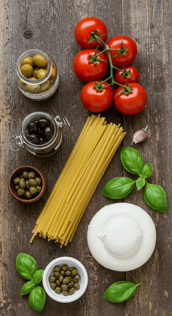 Fresh ingredients for the easy Pasta Puttanesca recipe.