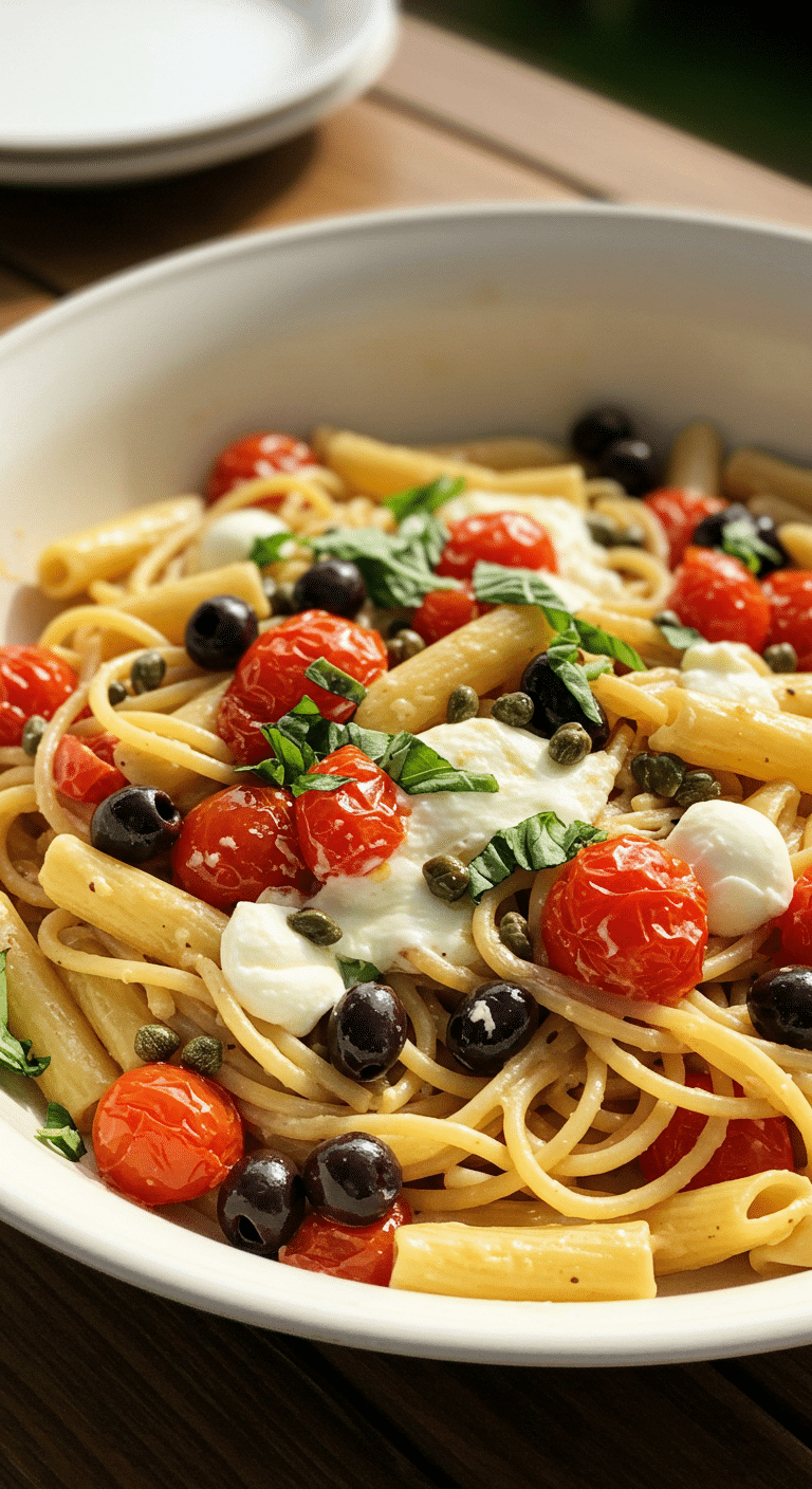 A large bowl of homemade, fresh Pasta Puttanesca with tomatoes and basil.