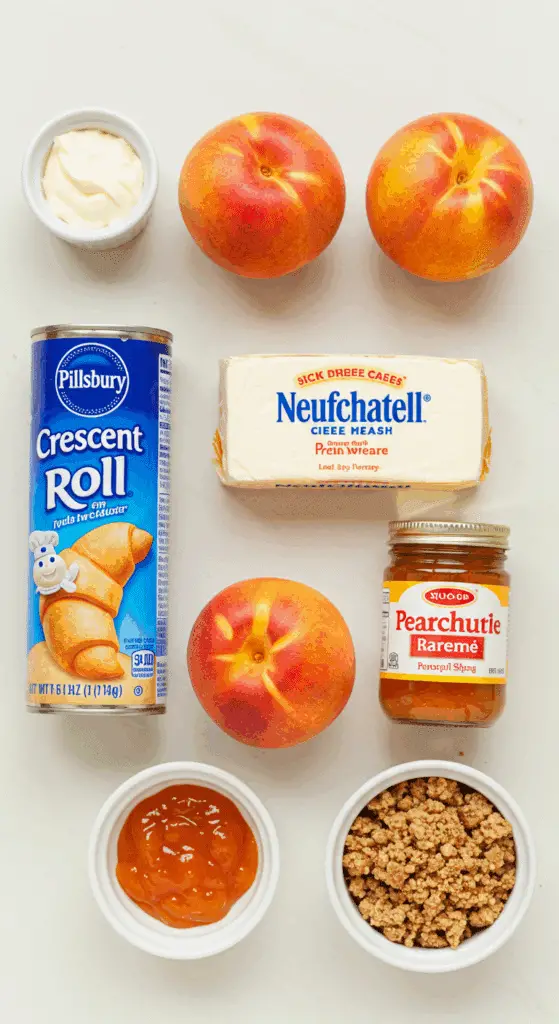 The simple, convenient ingredients for the Peach Cobbler Cheesecake Bars.