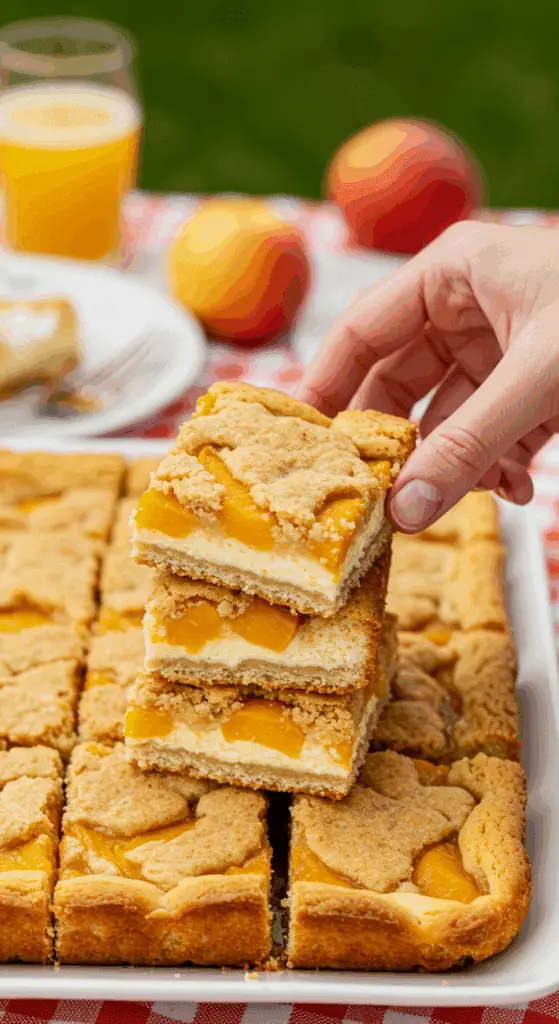 A hand taking a delicious Peach Cobbler Cheesecake Bar from a platter at a summer barbecue.
