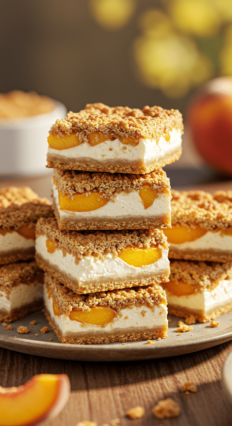 A stack of beautiful, layered Peach Cobbler Cheesecake Bars with a slice broken to show the inside.