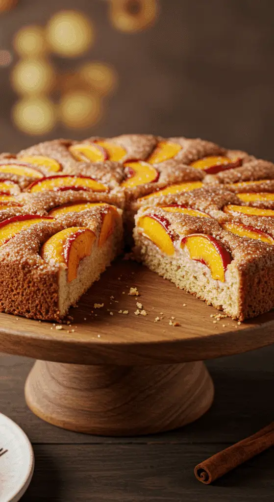 A beautiful, golden-brown homemade Peach Kuchen on a cake stand with a slice removed.