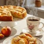 A warm slice of Peach Kuchen being served with a hot cup of coffee for an afternoon treat.