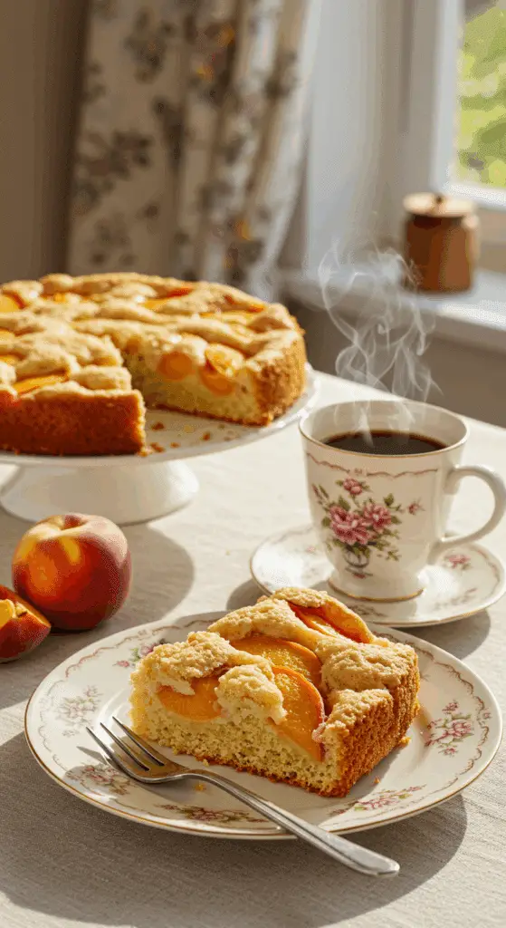 A warm slice of Peach Kuchen being served with a hot cup of coffee for an afternoon treat.