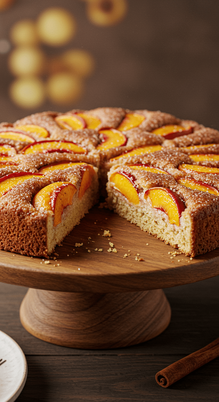 A beautiful, golden-brown homemade Peach Kuchen on a cake stand with a slice removed.