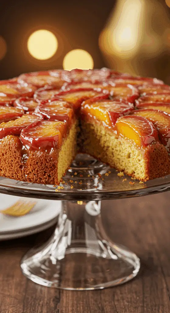 A beautiful, golden-brown, homemade Peach Upside-Down Cake on a cake stand with a slice removed.