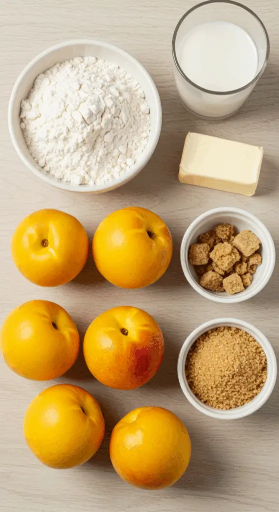 The simple, fresh ingredients for the homemade Peach Upside-Down Cake recipe.