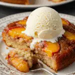 A warm slice of Peach Upside-Down Cake with a large scoop of melting vanilla ice cream.