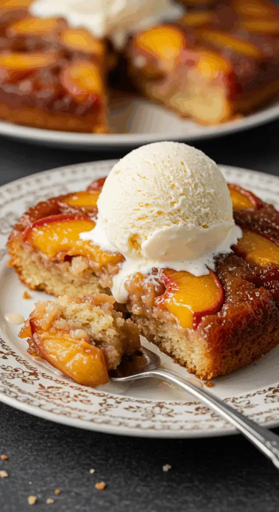 A warm slice of Peach Upside-Down Cake with a large scoop of melting vanilla ice cream.