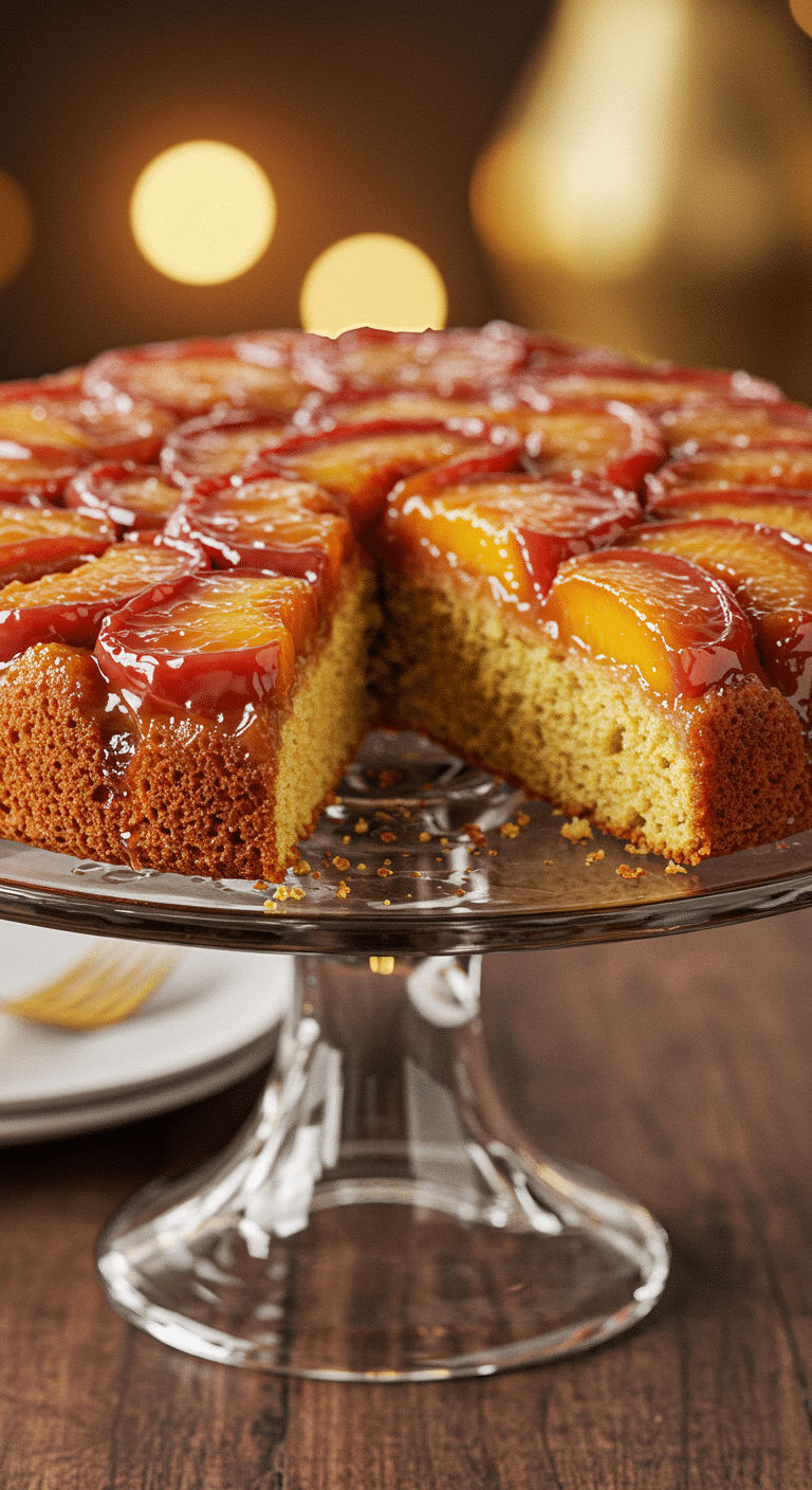 A beautiful, golden-brown, homemade Peach Upside-Down Cake on a cake stand with a slice removed.
