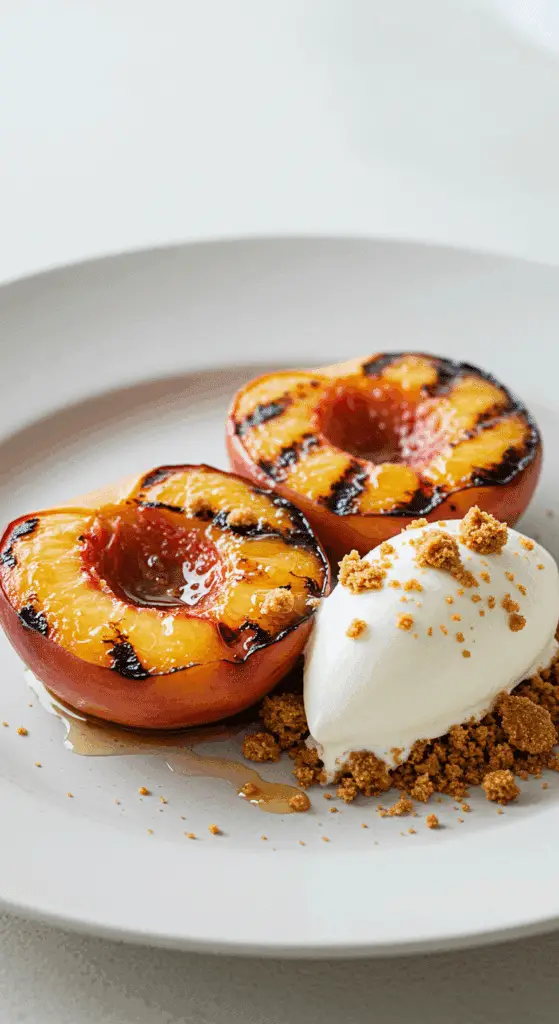 Two beautiful, perfectly grilled peaches served with a scoop of melting frozen yogurt and gingersnap crumbles.