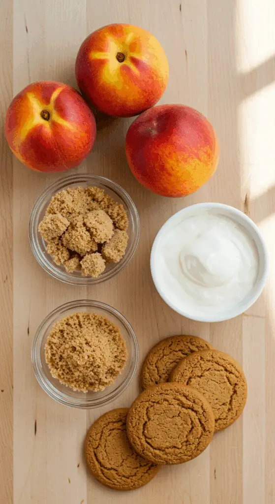 The 5 simple, fresh ingredients for the Grilled Peaches with Gingersnaps recipe.