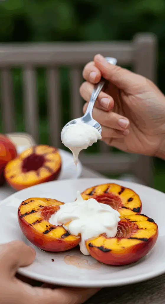 A person enjoying a dessert of Grilled Peaches with Gingersnaps at a summer barbecue.