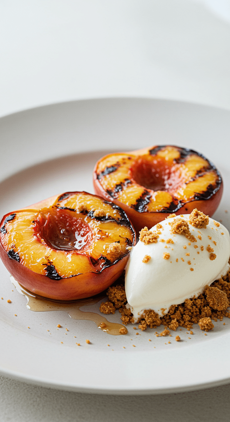 Two beautiful, perfectly grilled peaches served with a scoop of melting frozen yogurt and gingersnap crumbles.