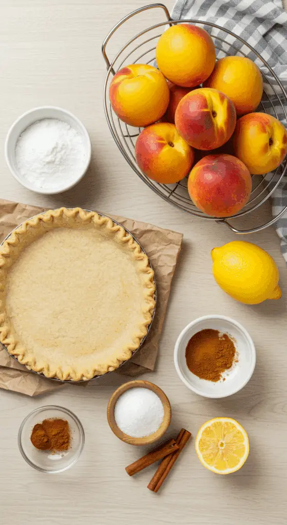The fresh, simple ingredients for the homemade Peach Pie recipe, including fresh peaches and pie crust.