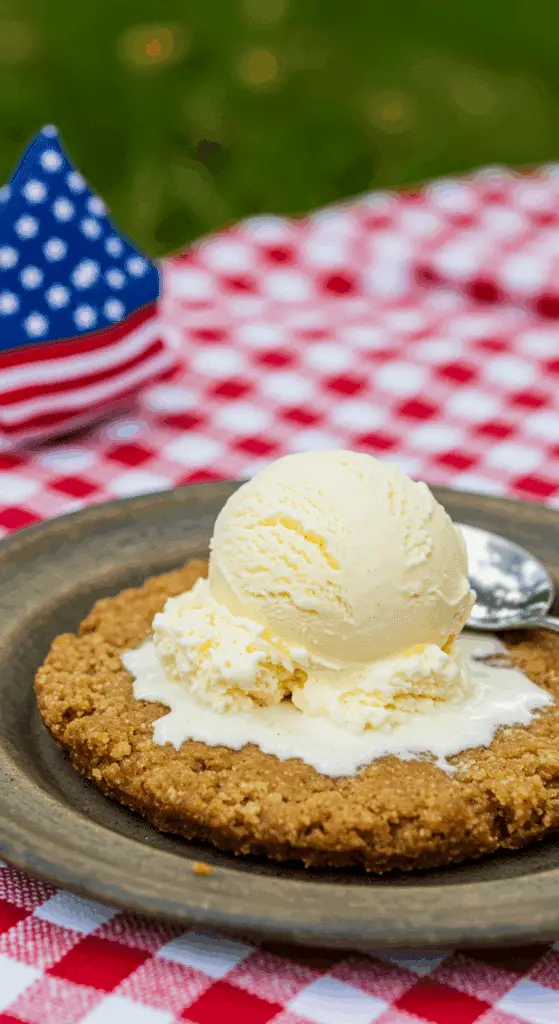 A perfect slice of warm homemade Peach Pie with a large scoop of melting vanilla ice cream at a summer picnic.