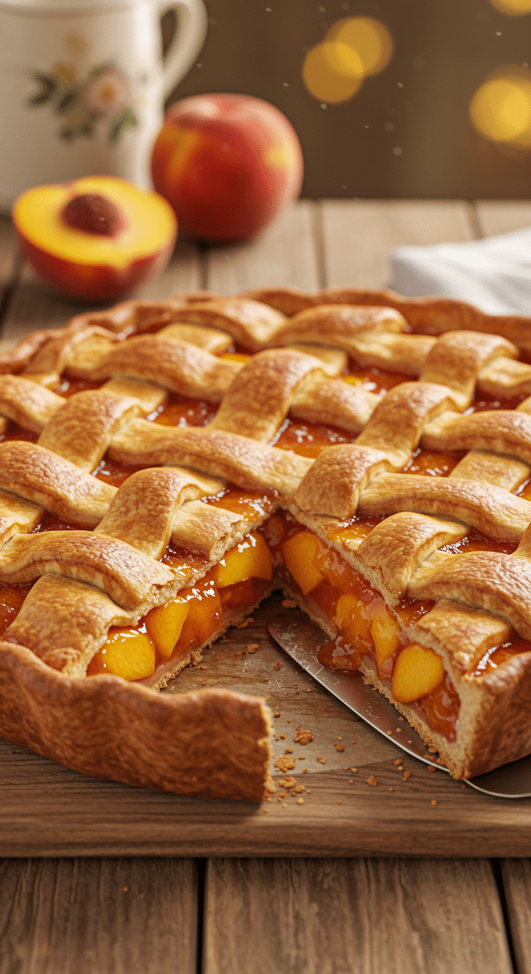 A beautiful, homemade Peach Pie with a perfect golden-brown lattice crust and a slice removed.