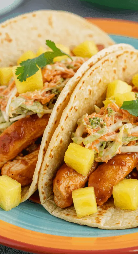 Two homemade, easy Pineapple Chicken Tacos with chipotle slaw.