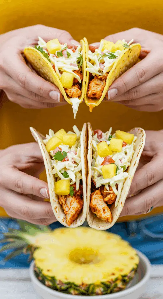 Two hands holding finished Pineapple Chicken Tacos.