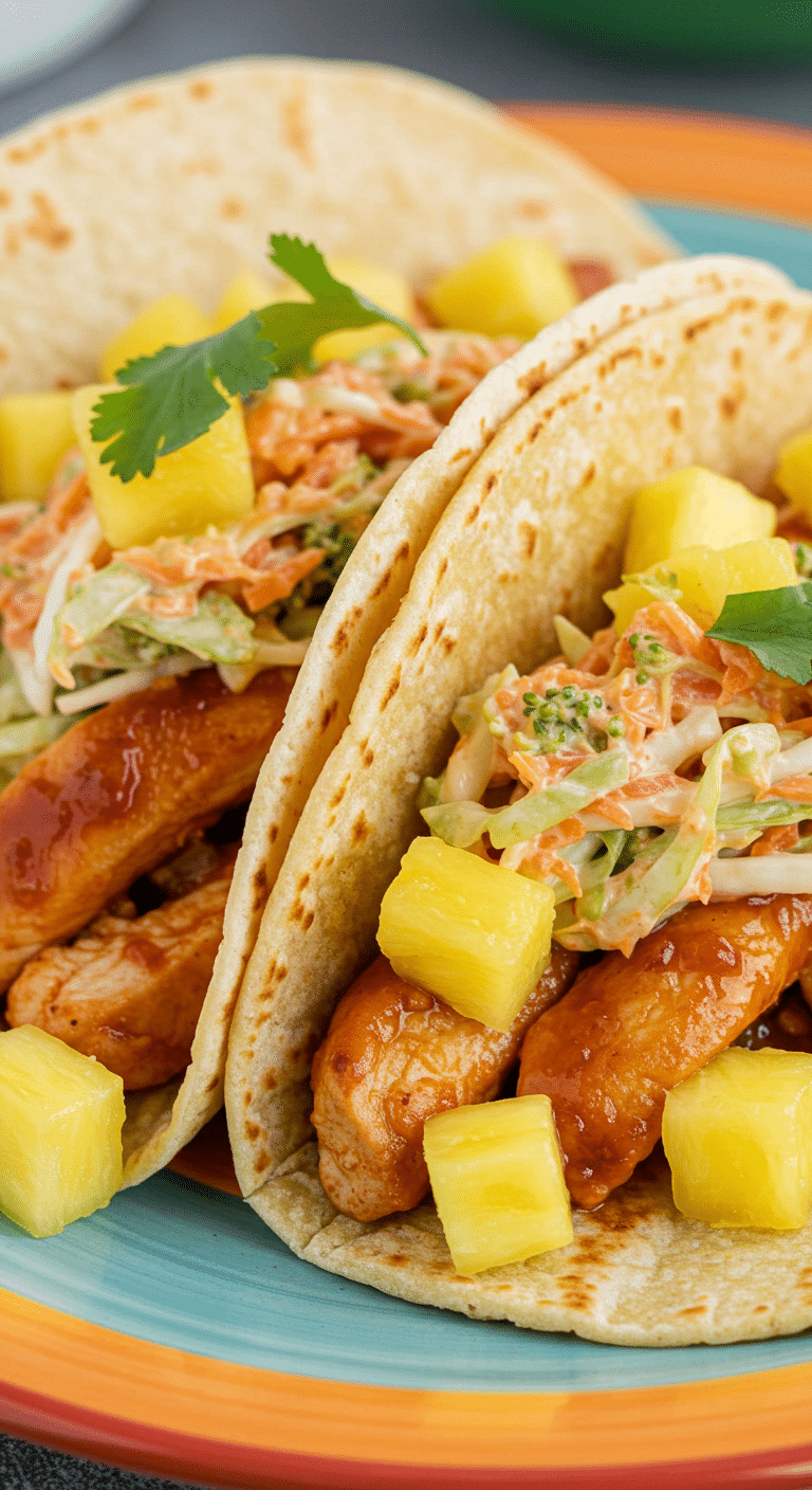 Two homemade, easy Pineapple Chicken Tacos with chipotle slaw.
