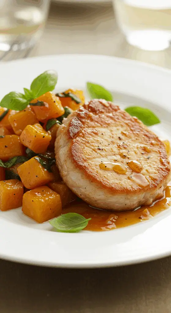 A beautiful plate of Pork with Sweet-and-Sour Squash, showing the tender pork and glazed vegetables.