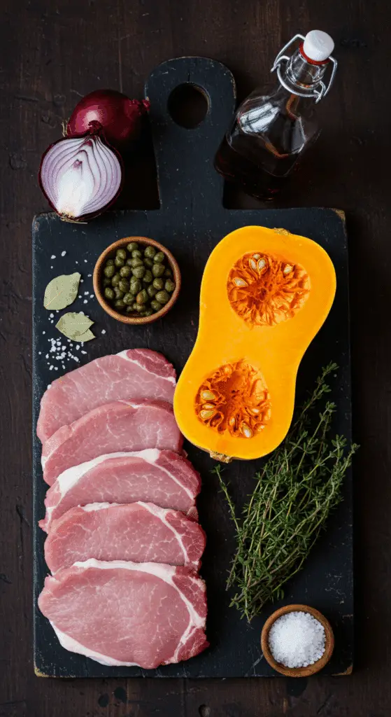 The fresh ingredients for the Pork with Sweet-and-Sour Squash recipe.