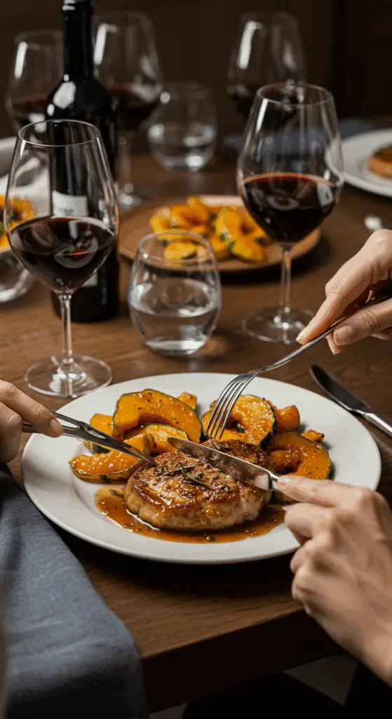 A person enjoying a dinner of Pork with Sweet-and-Sour Squash at a dinner party.