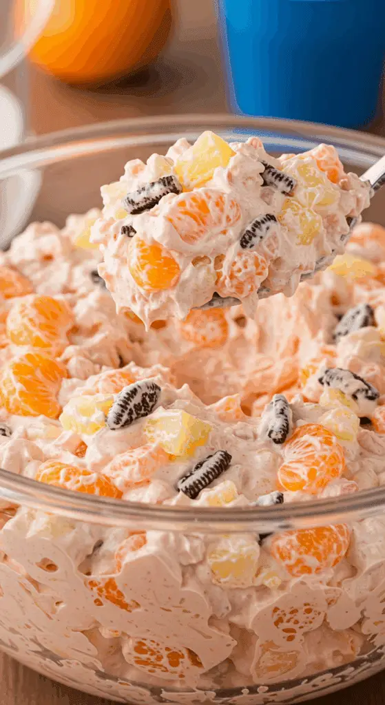 A large glass bowl of creamy, delicious Cookie Salad with fruit and fudge stripe cookies.