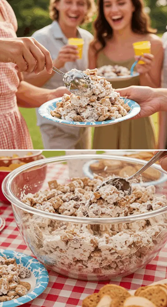 Serving a large scoop of Cookie Salad from a bowl at a summer potluck.