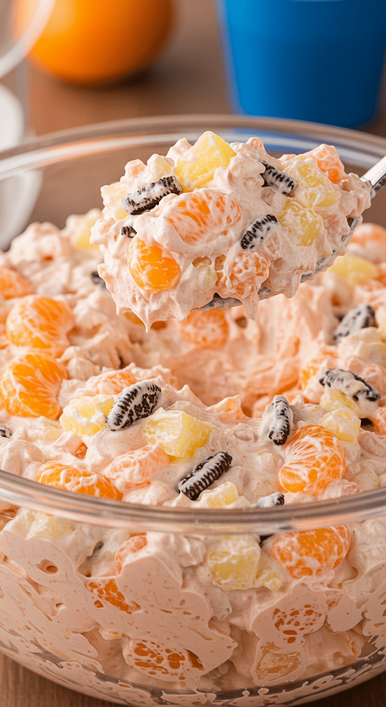 A large glass bowl of creamy, delicious Cookie Salad with fruit and fudge stripe cookies.