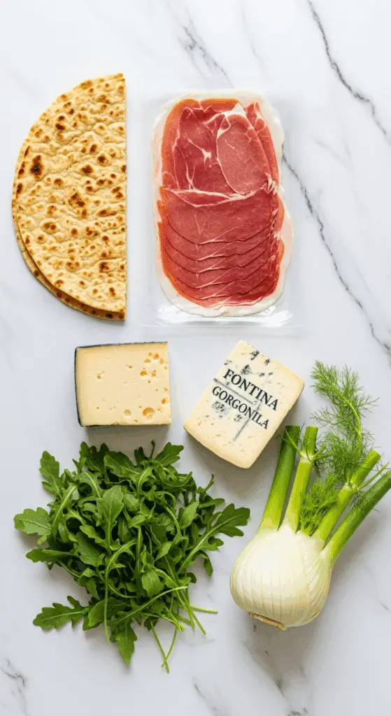 Fresh, gourmet ingredients for the Prosciutto Arugula Flatbread.