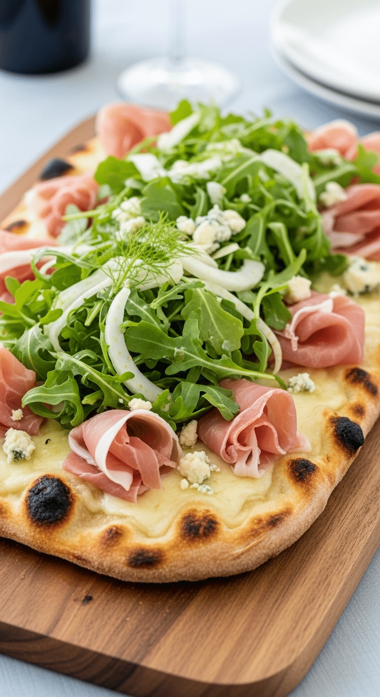 An elegant, homemade Prosciutto Arugula Flatbread pizza on a serving board.