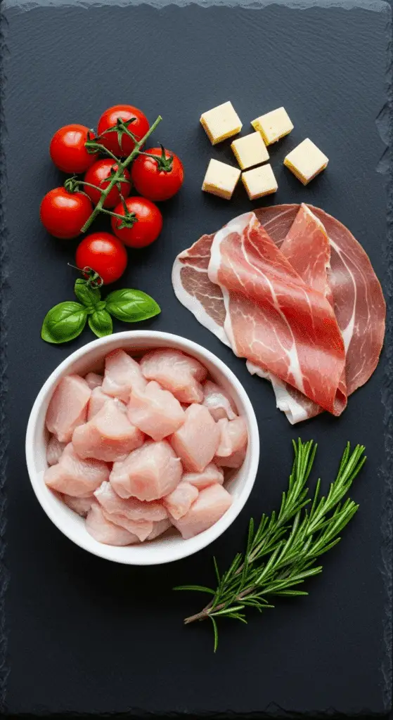 Fresh ingredients for the Prosciutto-Wrapped Chicken Kebabs.