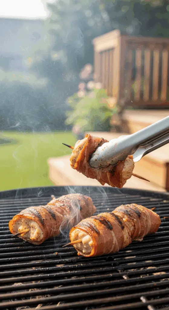 SEO Alt Text: Cooked Prosciutto-Wrapped Chicken Kebabs being lifted off a hot grill.