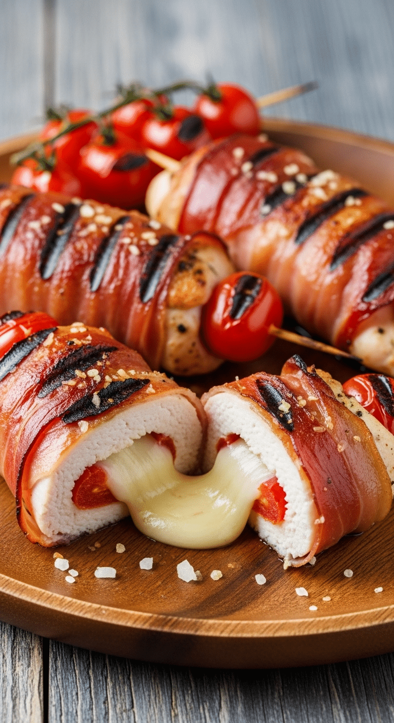 Two homemade, grilled Prosciutto-Wrapped Chicken Kebabs, one cut to show the melted cheese inside.