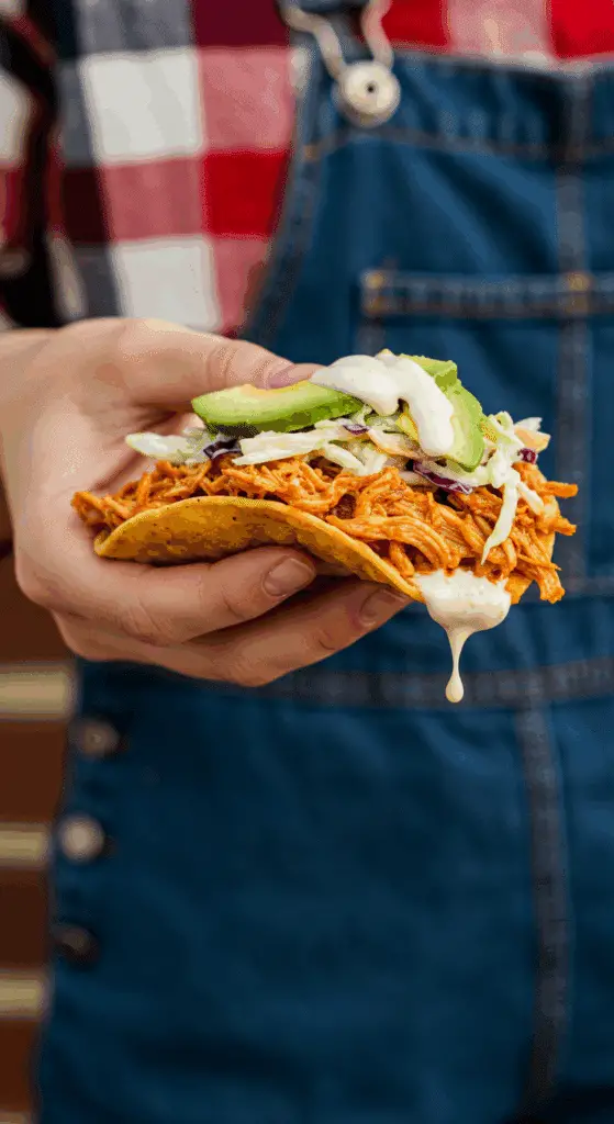 A hand holding a finished Pulled Chicken Tostada.
