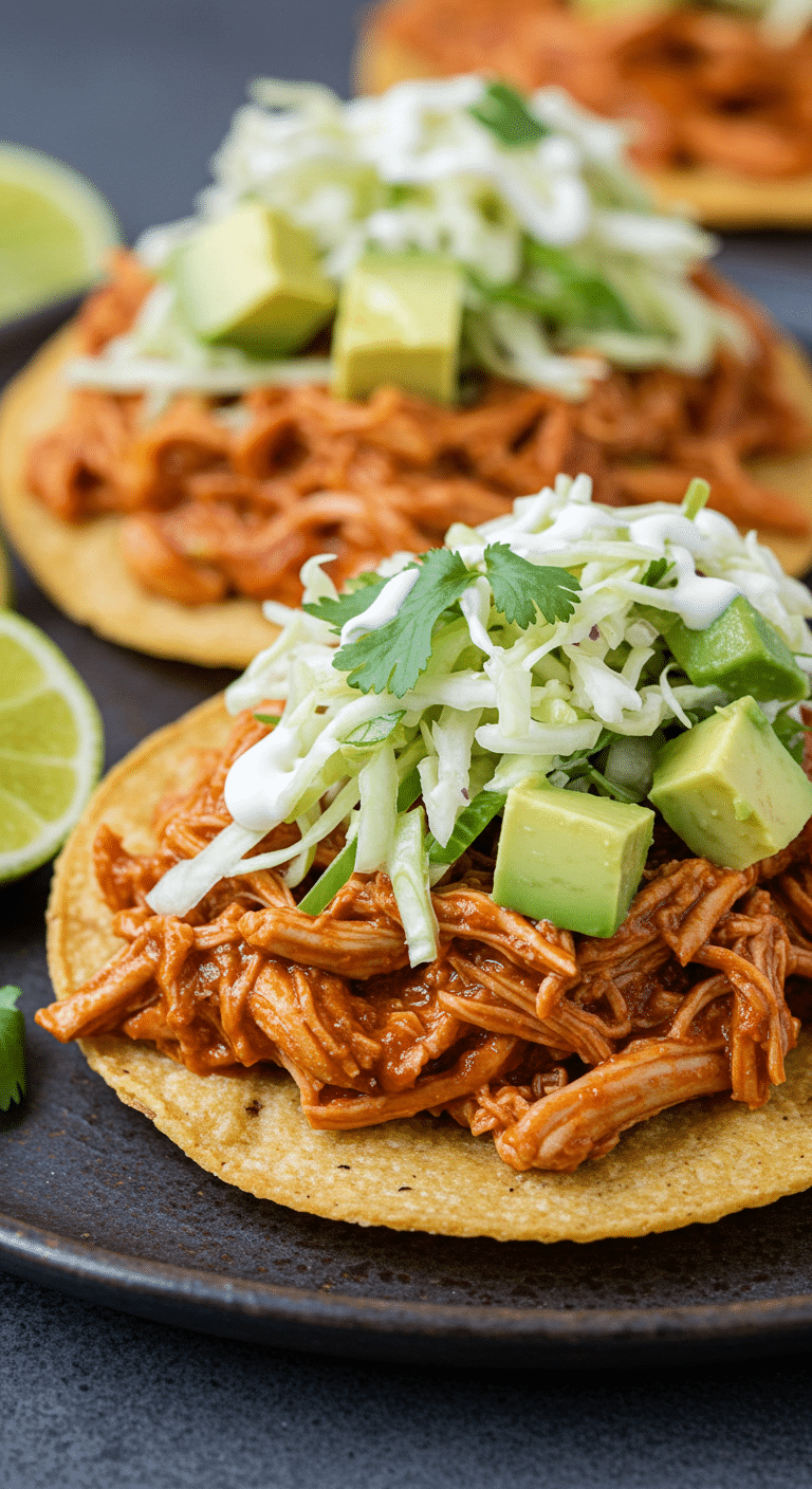 Two homemade, easy Pulled Chicken Tostadas with fresh toppings.