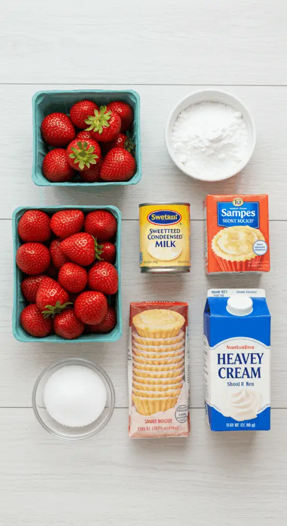 The 5 simple ingredients for the Quick Strawberry Shortcake recipe.
