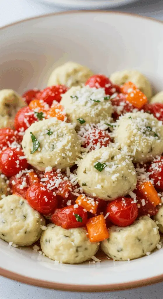 A bowl of homemade Herb-Ricotta Dumplings with a fresh tomato and pepper sauce.