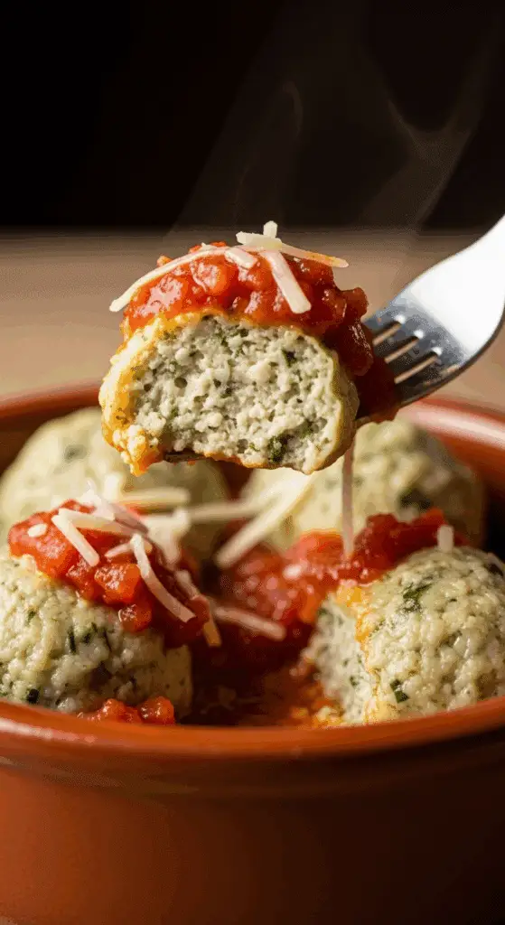 A forkful of a finished Herb-Ricotta Dumpling with sauce.