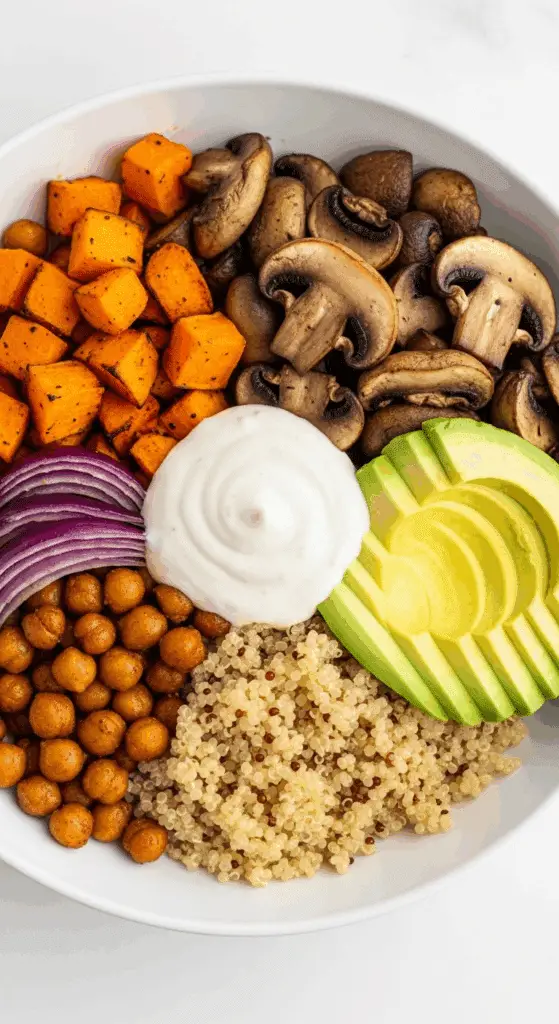 A healthy and colorful, finished Roasted Vegetable Grain Bowl.