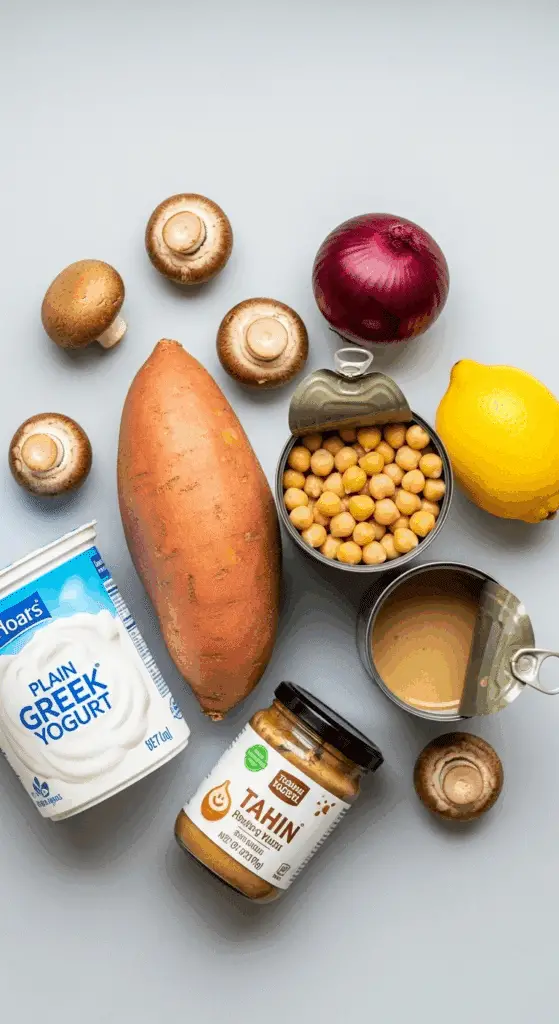 Fresh ingredients for the healthy Roasted Vegetable Grain Bowl.