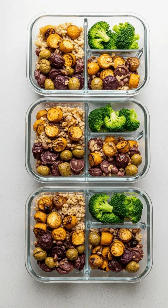 Four meal prep containers filled with the Roasted Vegetable Grain Bowl.
