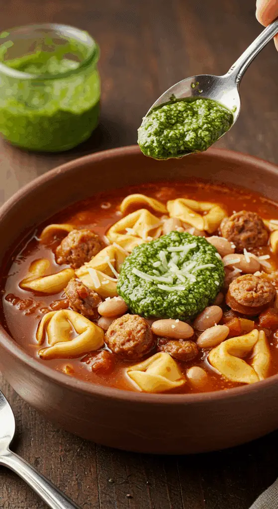 A warm, rustic bowl of Sausage, White Bean and Tortellini Soup with a swirl of fresh pesto.