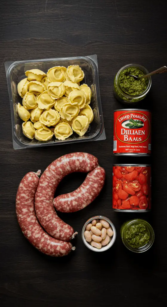 The simple, convenient ingredients for Sausage, White Bean and Tortellini Soup.