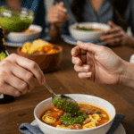 A person stirring a spoonful of pesto into their bowl of Sausage, White Bean and Tortellini Soup.