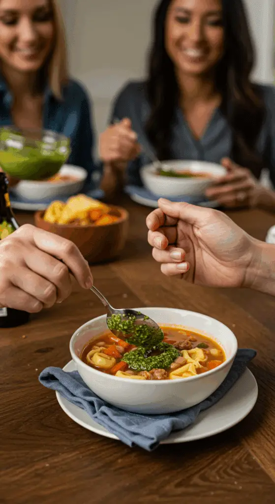 A person stirring a spoonful of pesto into their bowl of Sausage, White Bean and Tortellini Soup.