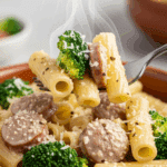 A delicious serving of the finished Sausage and Broccoli Pasta in a bowl.