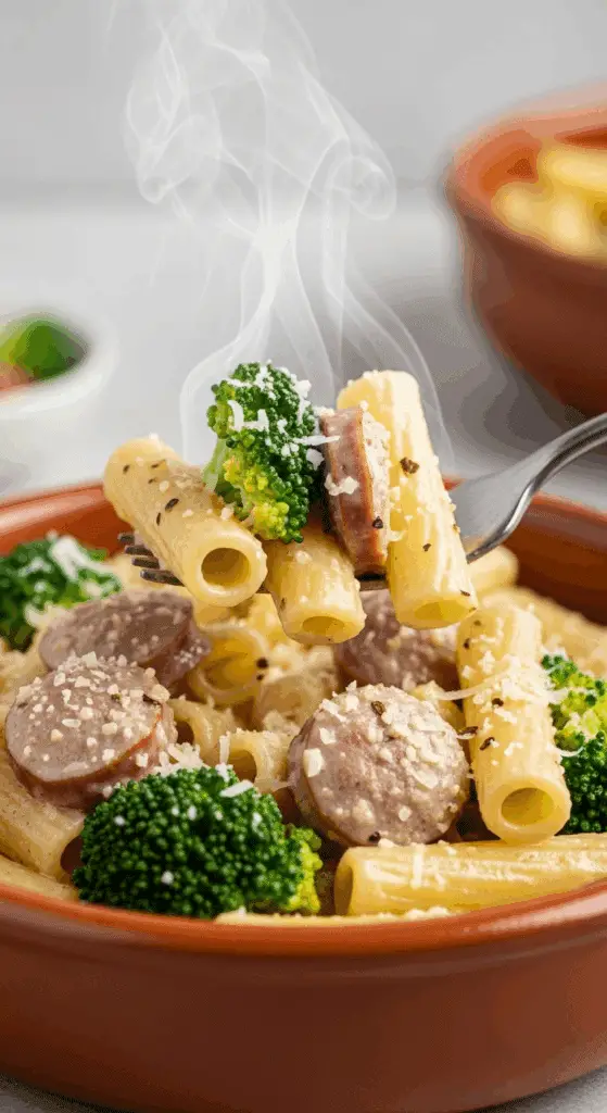 A delicious serving of the finished Sausage and Broccoli Pasta in a bowl.